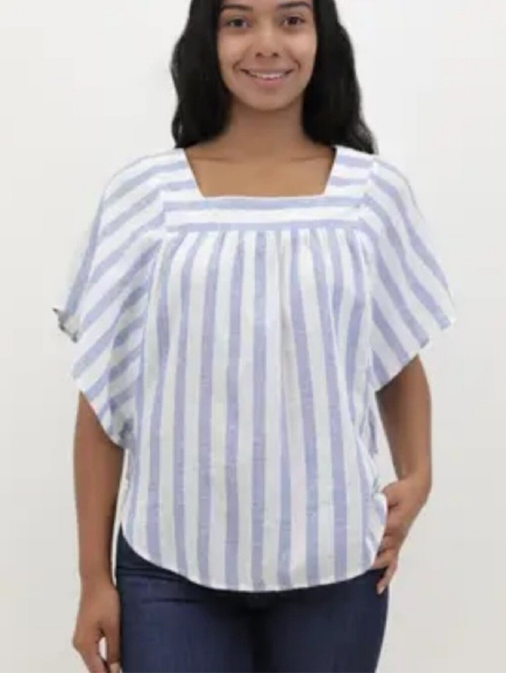 NWT beachlunchlounge Zoey Linen Stripe Flutter Sleeve Blouse Size Sm